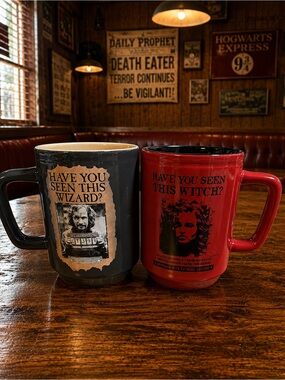 Have You Seen This Wizard? & Witch? Ceramic Mug Set - Black and Red
